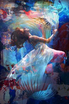 "Underwater world" - woman with long white dress underwater along with jellyfish by The Art Kroep