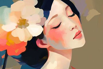 Colourful modern portrait with flowers by Carla Van Iersel