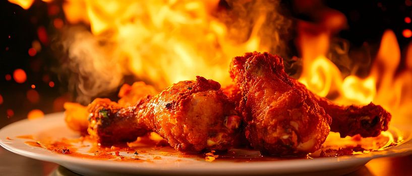 Crispy chicken drumsticks in a sea of flames by Poster Art Shop