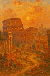 Rom bei Sonnenuntergang - Kolosseum und Forum Romanum leuchten