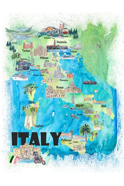 Italië Geïllustreerde reisposter Favoriete kaart Toeristische hoogtepunten van Markus Bleichner