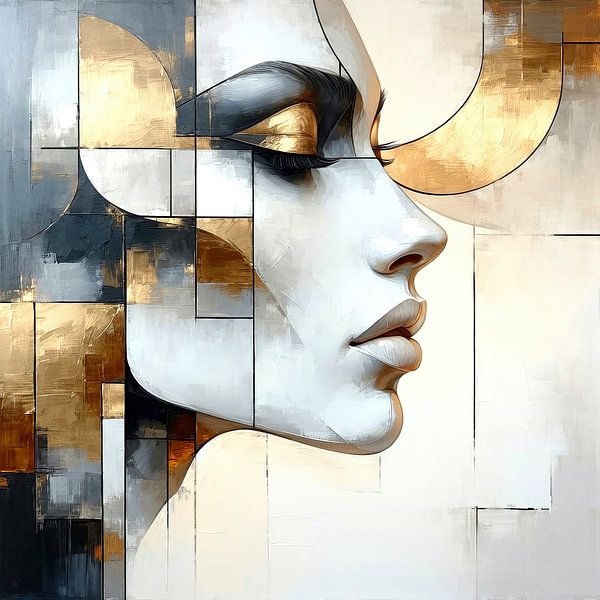 Graceful stillness - The face of a woman in the inner world, a mosaic of gold and grey, triptych of timeless elegance (1 of 3) by AidasignArt