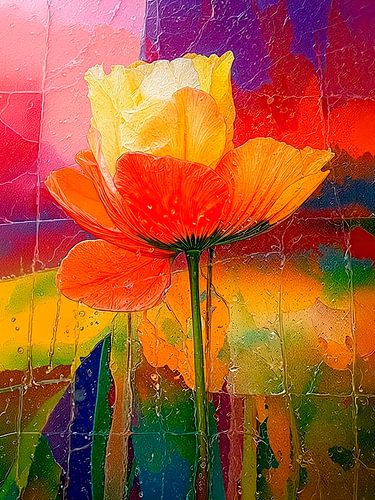 Kleurrijke abstracte klaproos met textuur in felle kleuren