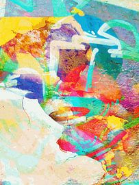 Modernes, abstraktes digitales Kunstwerk in Orange, Gelb, Blau von Art By Dominic