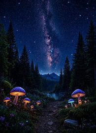 Enchanted Midnight Forest: Glowing Mushrooms and Milky Way by Artistic