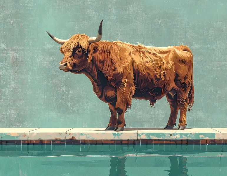 Scottish highland cow by the pool 2 of 4 by Emiel de Lange