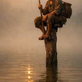 Fischer im Nebel mit warmem Licht über stillstehendem Wasser von But First Framing
