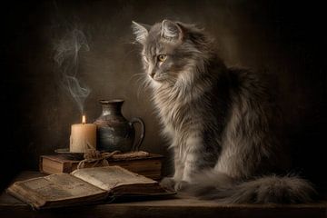 Chat à la lueur d'une bougie - Peinture mystère