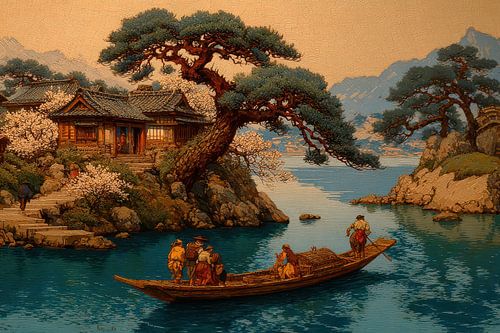 schilderachtige japanse kunst boot op de rivier