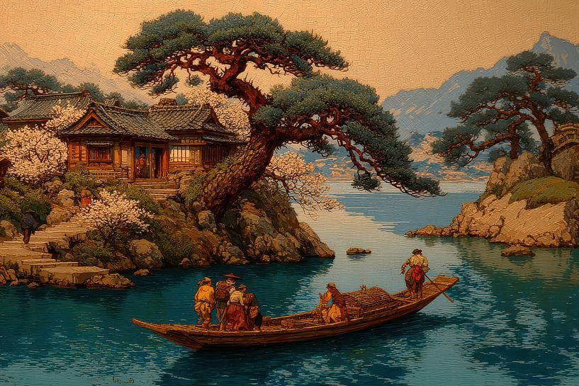 malerisches japanisches Kunstboot auf dem Fluss von Egon Zitter