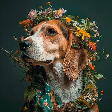 Beagle avec des fleurs sauvages sur Marlon Paul Bruin