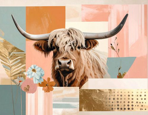 Verfijnd kunstwerk in goud oker gedempt blauw taupe roze en oranje