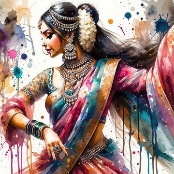 Aquarel Indiaanse Vrouw Danseres #1 van Chromatic Fusion Studio