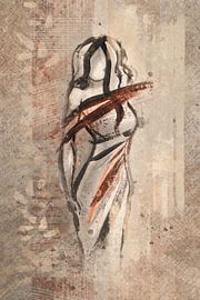 Mixed media kunstwerk abstract vrouw met jurk in brons en beige