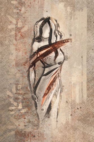 Mixed-Media-Kunstwerk: abstrakte Darstellung einer Frau im Kleid in Bronze und Beige von Emiel de Lange