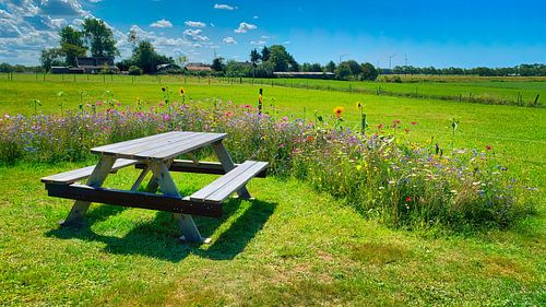 Picknick tafel omgeven met bloemenpracht