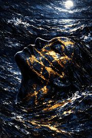 Surreales, mit Blattgold verziertes, mondbeschienenes Meeresgesicht von Faheem Beigh