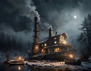 phantastisches Dampf-Hausboot, beleuchtet in der Nacht