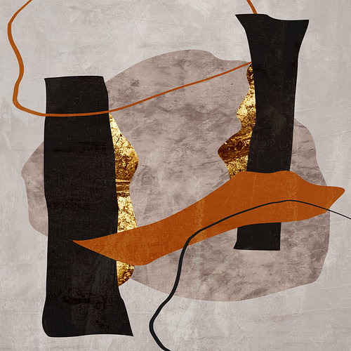 Minimalistische abstrakte Kunst mit organischen Formen, Erdtönen und Gold