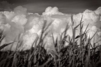 Clouds over the island Schiermonnikoog in black and white