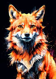 Red Fox Neon Watercolor Painting – Opvallende moderne wildlife-kunst