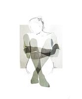 Femme-figure assise en mixed-media blanc et vert-gris
