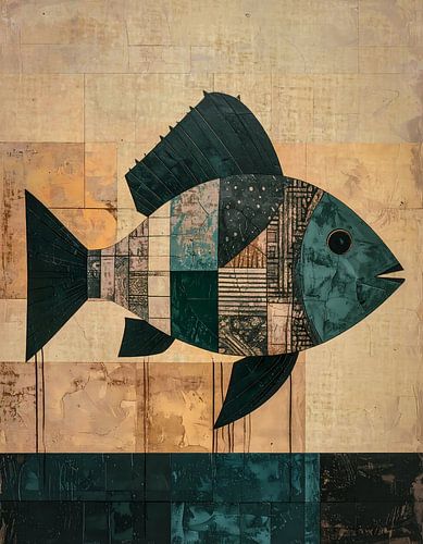 Vintage poster vis in diepblauw goud en beige - rechts