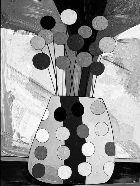 Modernes abstraktes Gemälde: Vase mit Blumen in monochromem Schwarz und Weiß von Studio Pieternel