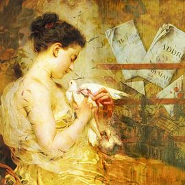 Classic collage woman and pigeon by Joost Hogervorst