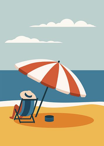 Minimalistische retro-vectorposter met een strandtafereel, met een gestreepte parasol, een stoel, een kalme zee en een zacht pastelkleurige lucht.