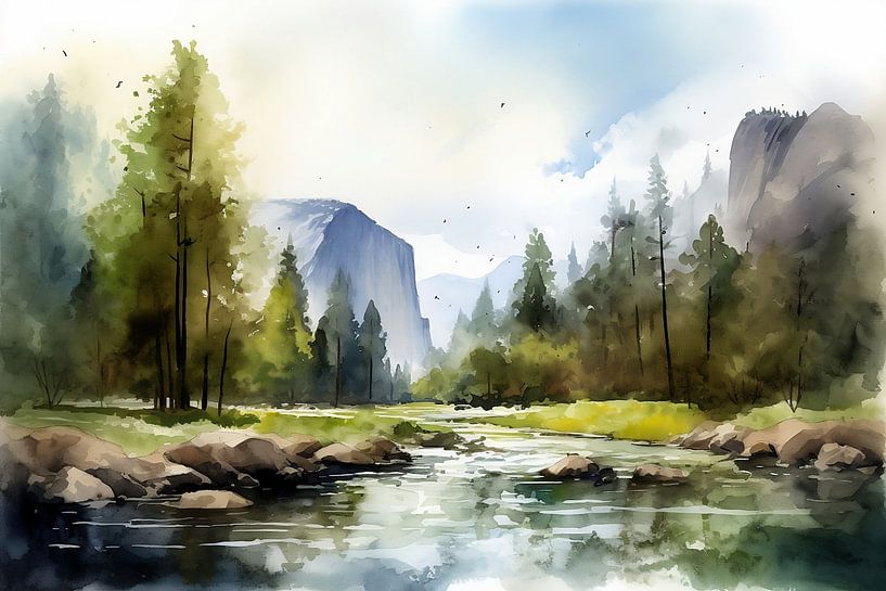 Aquarelle Landschaft Yosemite Nationalpark von NJ Midnight Studio