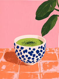 Matcha Bowl on Coral Tiles – Modern Kitchen Art by StudioRemier