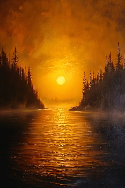 Sunset over calm lake with trees by Art & Soul Creations