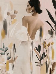 Une femme élégante vêtue de tons doux et naturels, rehaussés de motifs botaniques