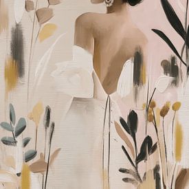 An elegant woman dressed in soft earth tones with botanical accents by Studio Allee