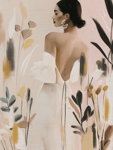Une femme élégante vêtue de tons doux et naturels, rehaussés de motifs botaniques sur Studio Allee