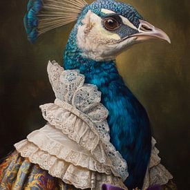 Renaissance peacock portrait in baroque dress with rich colours and elegant look by But First Framing