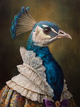 Renaissance peacock portrait in baroque dress with rich colours and elegant look