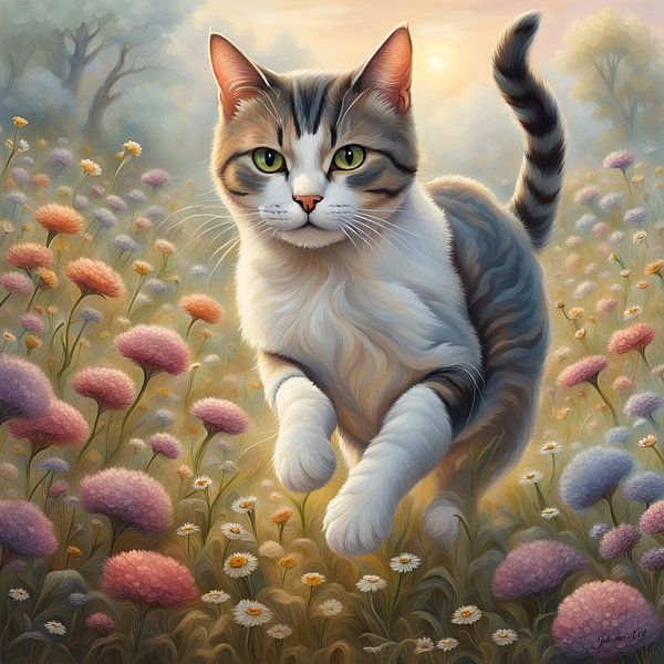 Europäische Kurzhaarkatze spielt in einem Blumenfeld von Johannas Art Creations