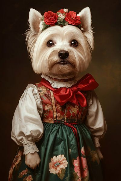 Westie in een dirndl van ARTemberaubend