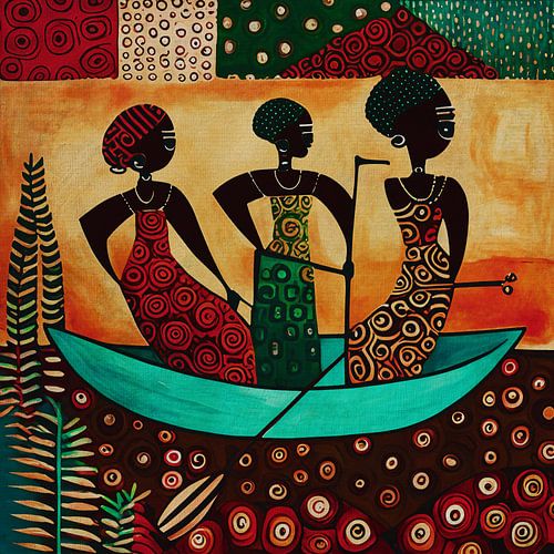 Three women in Africa on the road in a boat