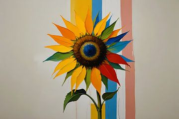 Abstrakte bunte Sonnenblume auf gestreiften Hintergrund von De Muurdecoratie
