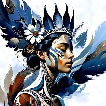 Een vrouw met blauwe veren