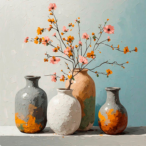Des vases modernes en céramique, de style abstrait et colorés, ornés de branches fleuries sur un fond clair.
