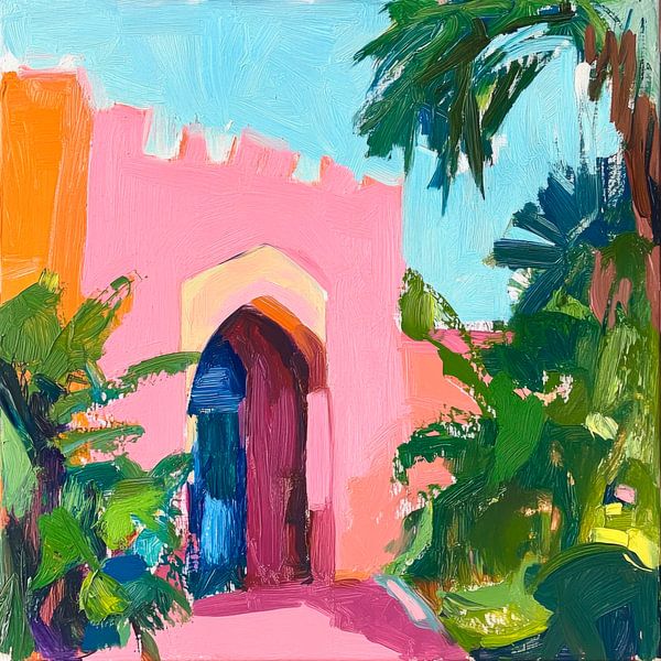 Colourful oasis with gate and palm trees by Poster Art Shop