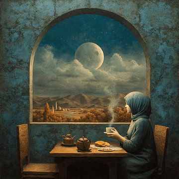 Dreamy Ramadan Scene with Surreal Vintage Style Illustration by Aden Pink Studio