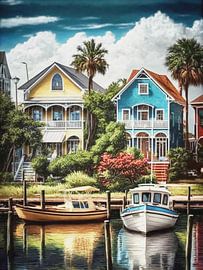 Küstenort Häuser Boote Palmen Spiegelung Landschaft