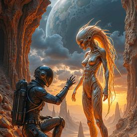 SOLYTHARA – Ein Astronaut kniet vor einem weiblichen Alien von INFERAURUM