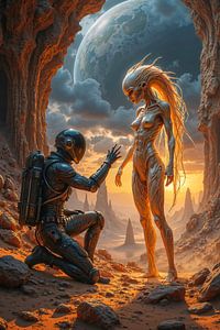 Fantasy Sci-Fi Art Wandbild: SOLYTHARA – Ein Astronaut kniet vor einem weiblichen Alien