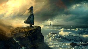 Femme sur une falaise près d'une mer déchaînée et d'un phare